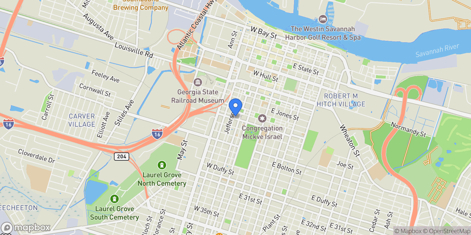 Map showing 216 W Gaston St, GA, Savannah, Georgia, United States.