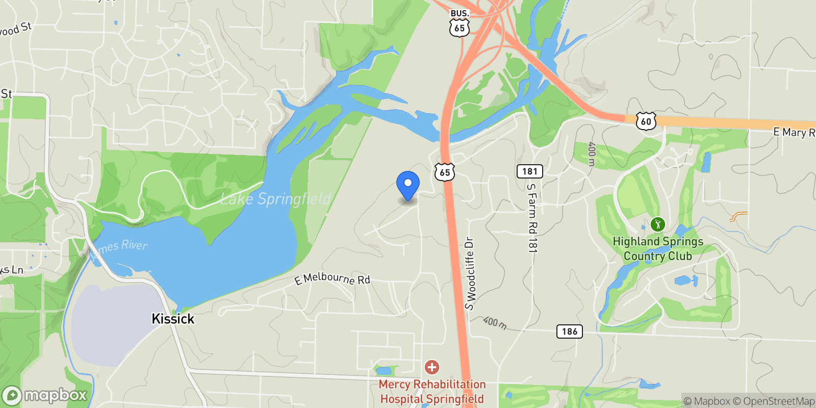 Map showing 2979 E Kemmling Lane, Springfield, MO 65804, Rogersville, Missouri, United States.