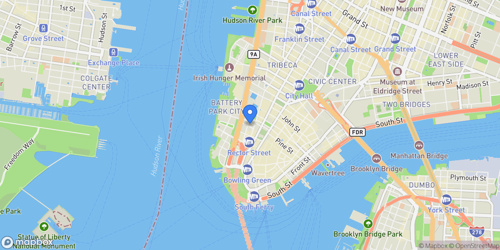 Map showing W Downtown Hotel & Residences, 123 WASHINGTON ST, New York, New York, United States.