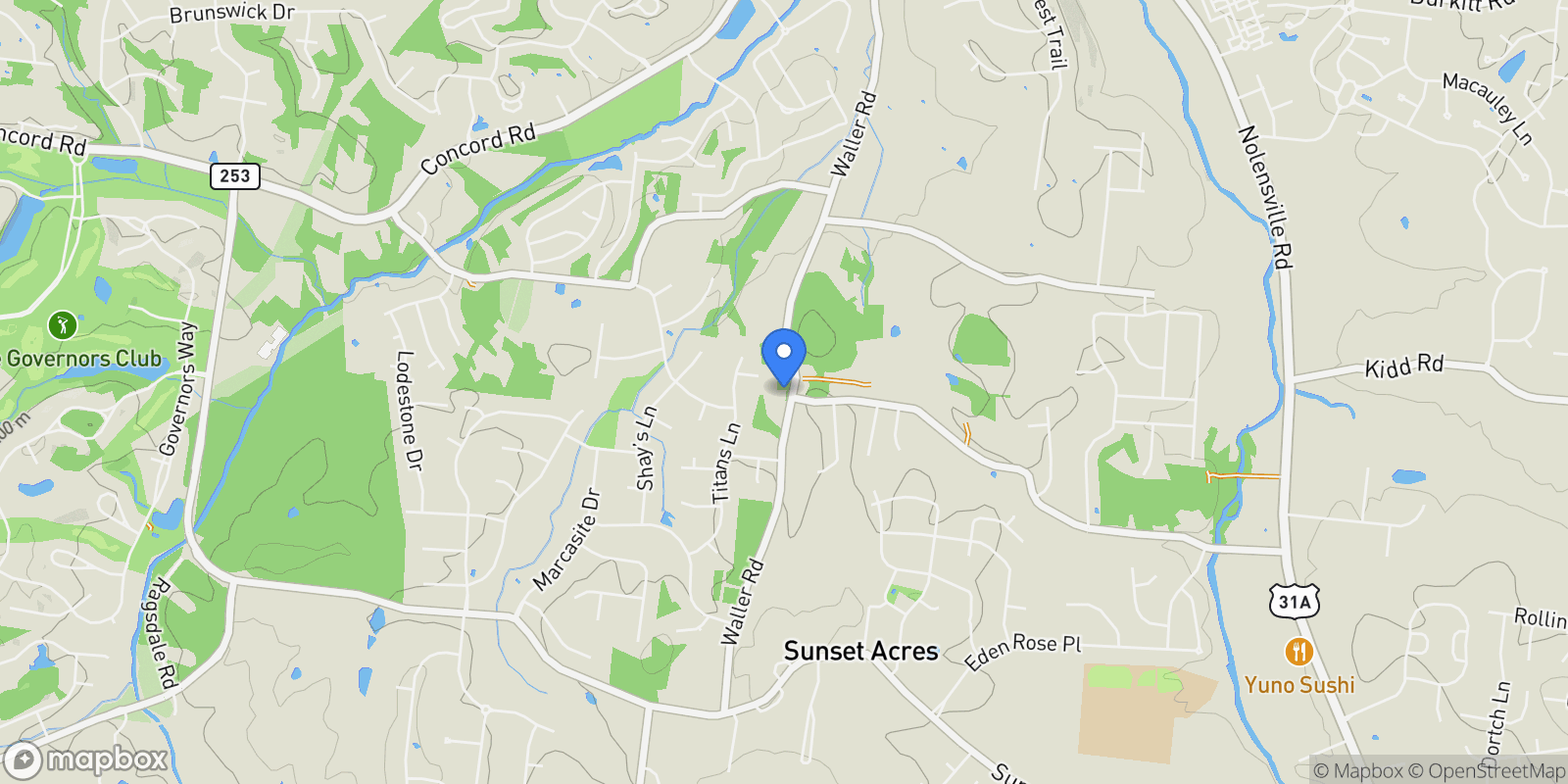 Map showing 1129 Waller Rd, Brentwood, TN 37027, Nashville, Tennessee, United States.