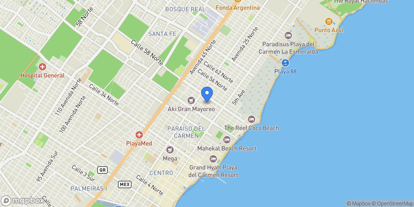 Map showing C. 42 Nte 77720, Zazil-ha, 77720 Playa del Carmen, Q.R., Mexico, Playa del Carmen, Quintana Roo, Mexico.