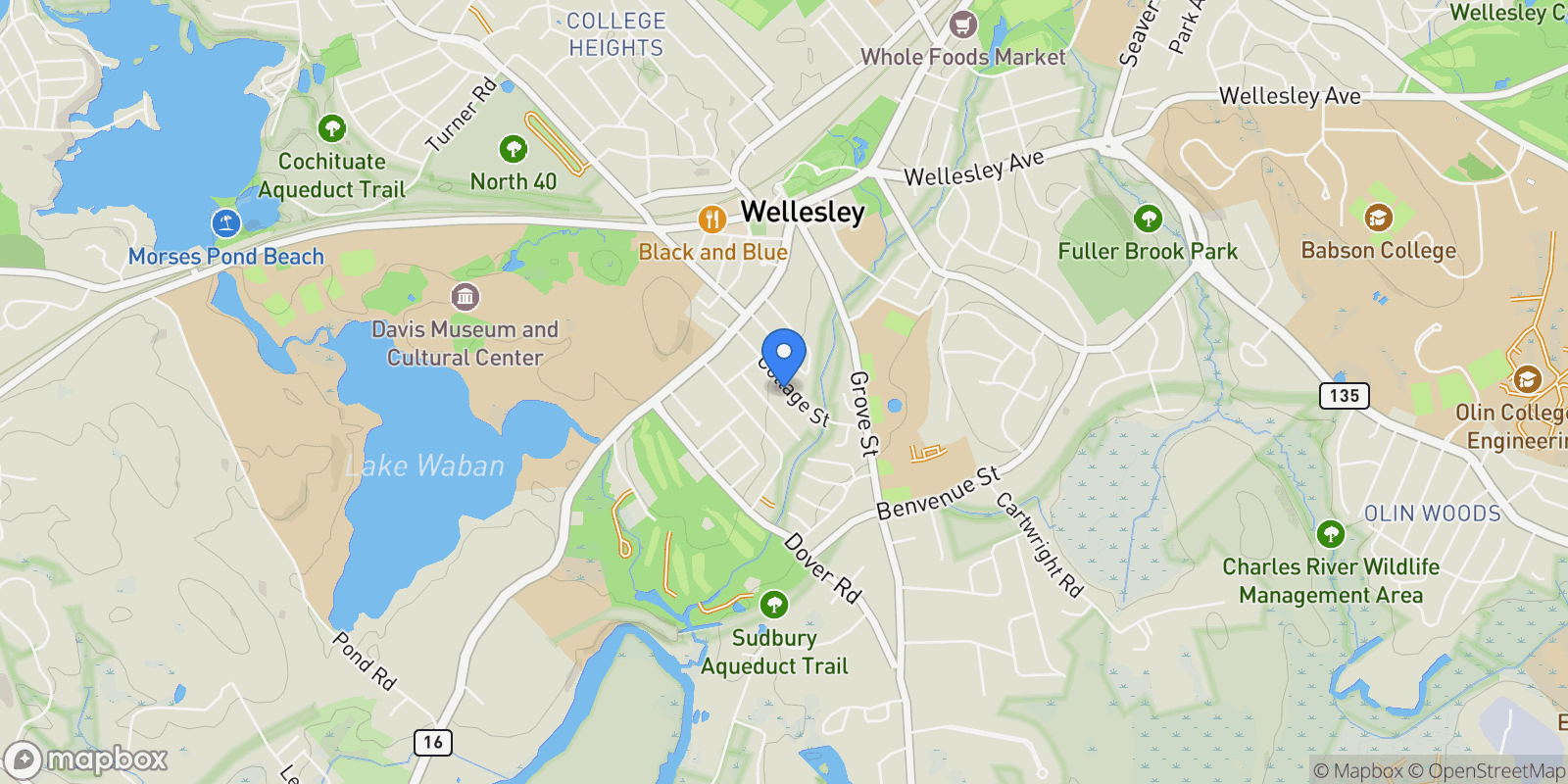 Map showing 29 Cottage St, MA, Wellesley, Massachusetts, United States.