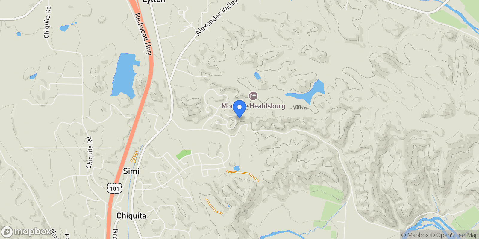 Map showing 160 Woodlands Drive SE, Healdsburg, California, United States.