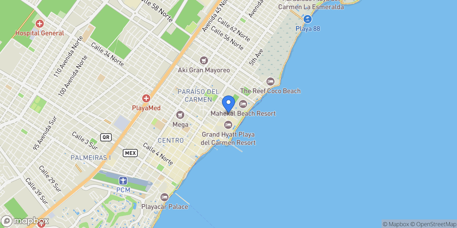 Map showing C. Cozumel, Gonzalo Guerrero, 77720 Playa del Carmen, Q.R., Mexico, Playa del Carmen, Quintana Roo, Mexico.