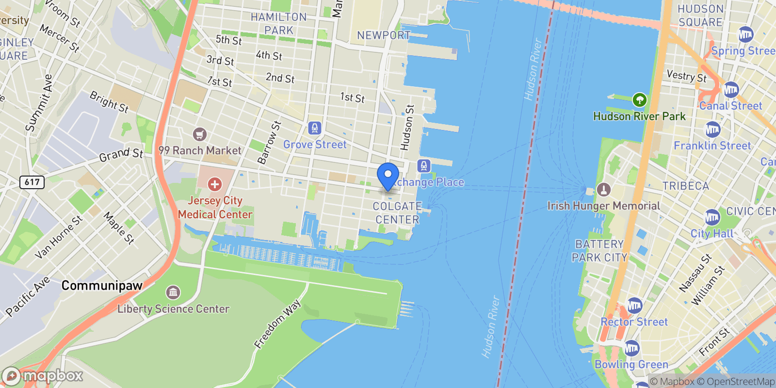 Map showing 77 Hudson St # 1808, NJ, Jersey City, New Jersey, United States.
