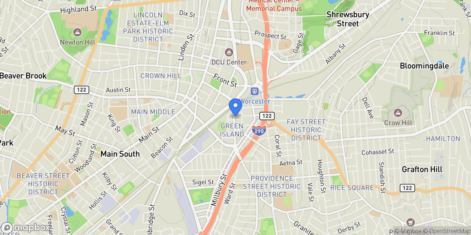 Map showing 64 Green St, MA, Worcester, Massachusetts, United States.