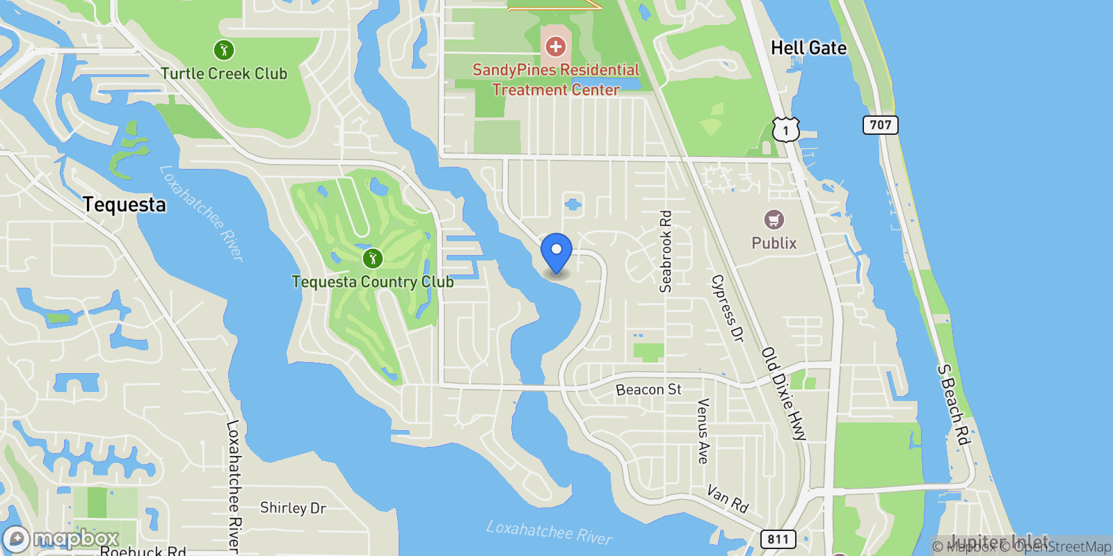 Map showing 19651 Riverside Dr, Tequesta, Florida, United States.
