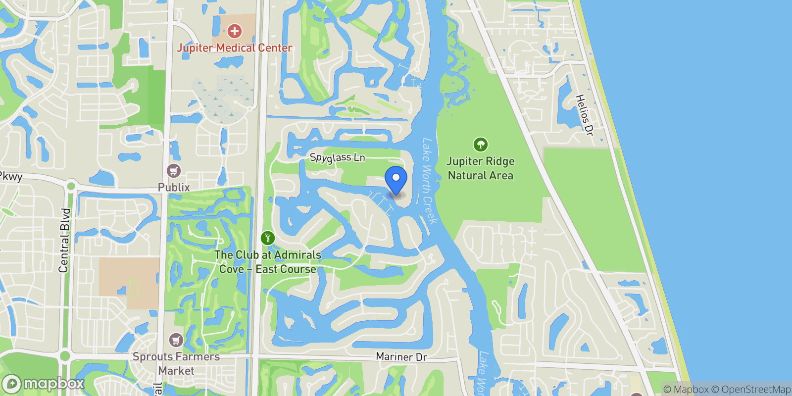 Map showing 193 Spyglass Ct, Jupiter, Florida, United States.