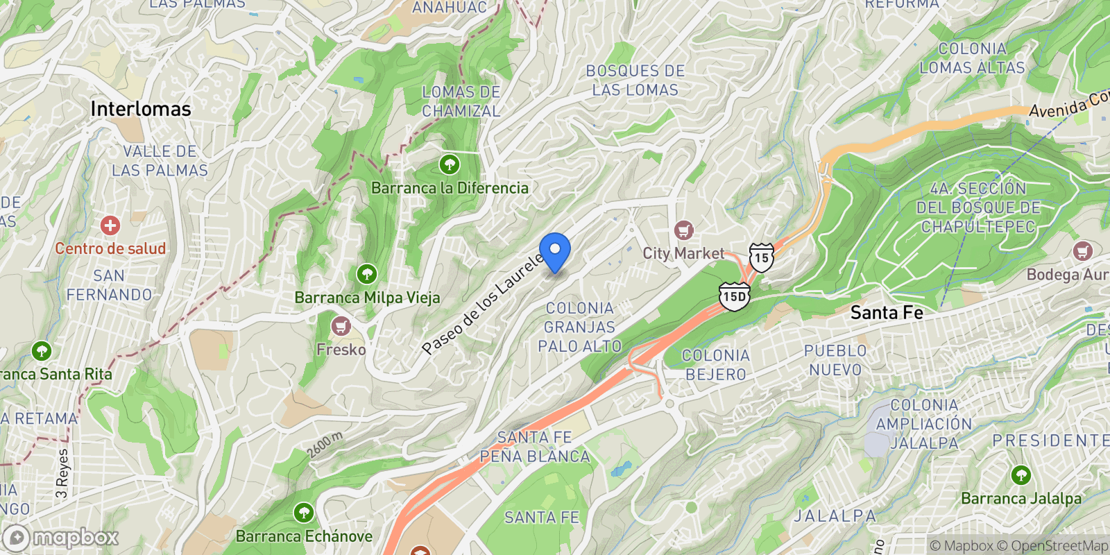 Map showing Bosque de Cidros 110, Bosques de las Lomas, Cuajimalpa de Morelos, 05120 Ciudad de México, CDMX, Mexico, Mexico City, Mexico.