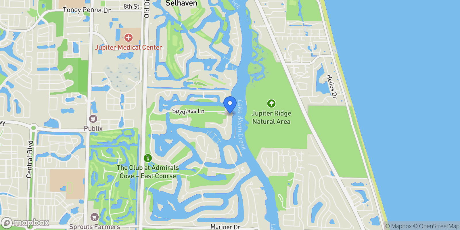 Map showing 176 Spyglass Ln, Jupiter, Florida, United States.