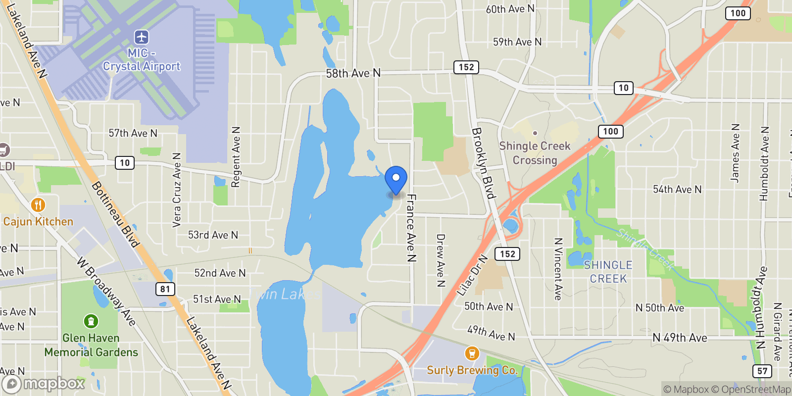 Map showing 5325 Twin Lake Blvd E, MN, Brooklyn Center, Minnesota, United States.