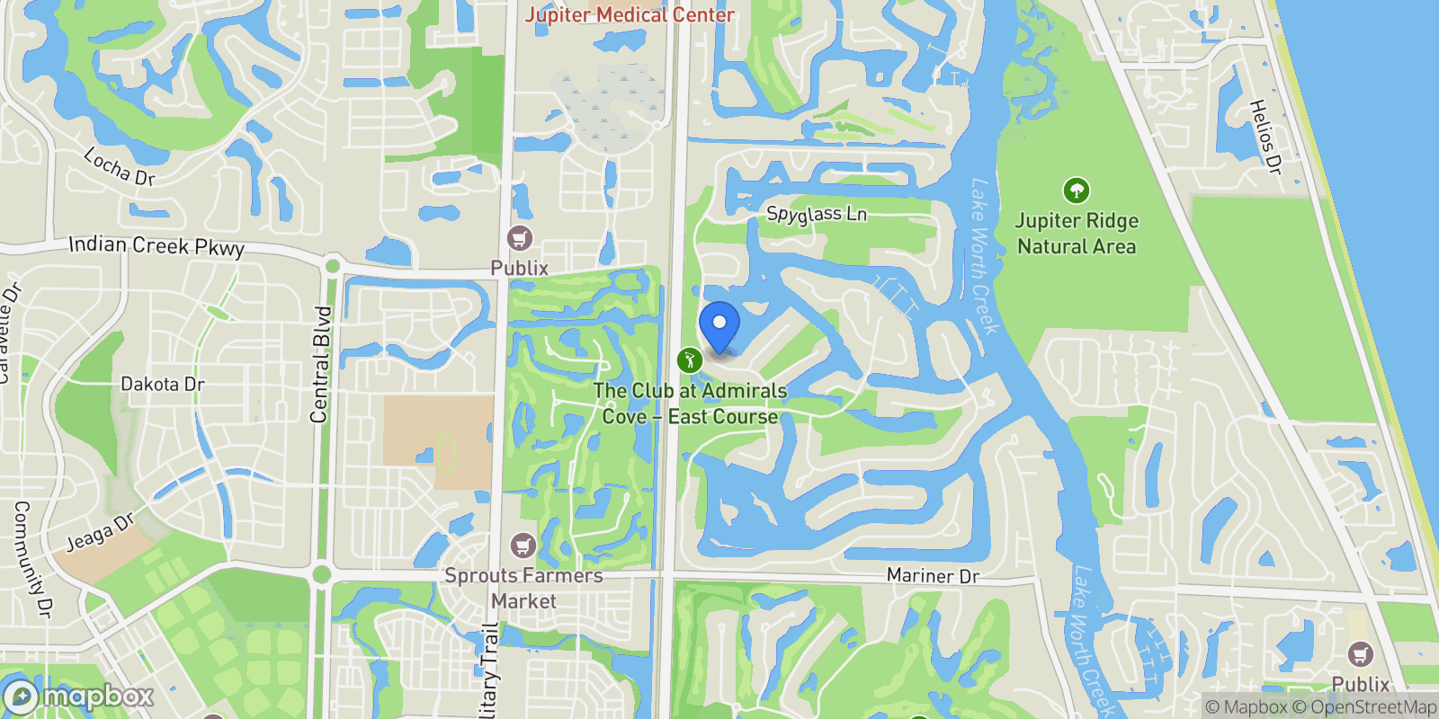 Map showing 113 Regatta Dr, Jupiter, Florida, United States.