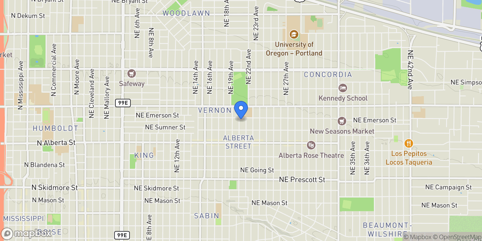 Map showing 5264 NE 20th Ave, OR, Portland, Oregon, United States.