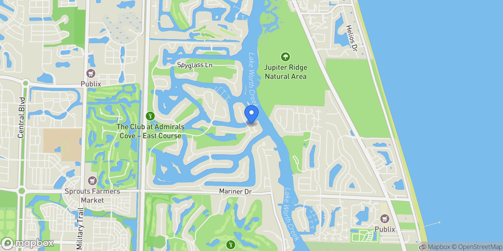 Map showing 209 Commodore Dr, Jupiter, Florida, United States.