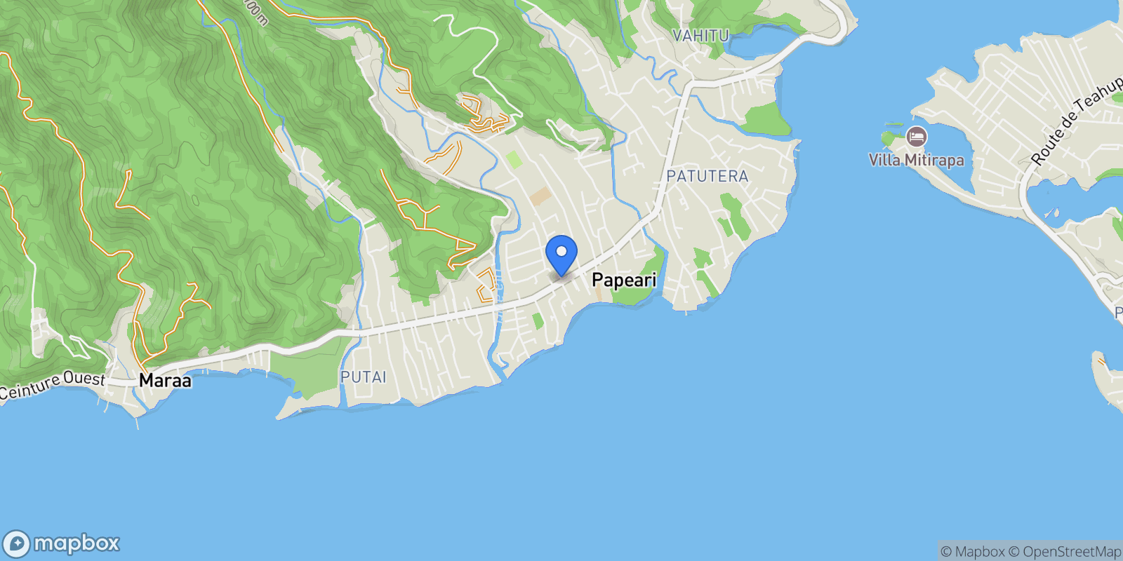 Map showing Papeari, Papeari, Teva I Uta, Windward Islands, French Polynesia.