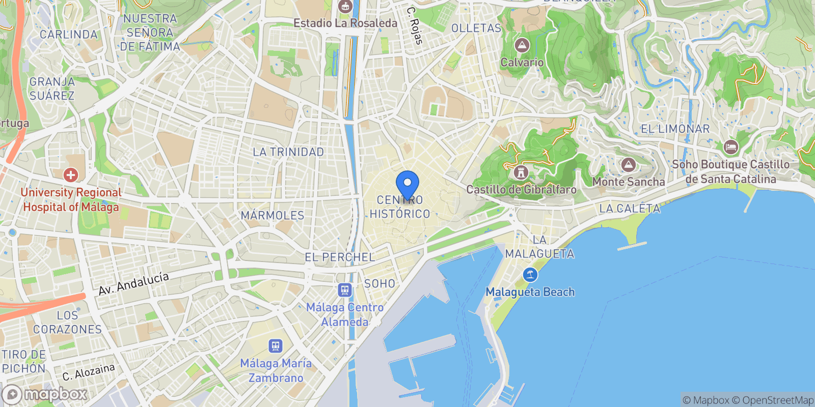Map showing Málaga, Spain, Centro, Malaga, Spain.
