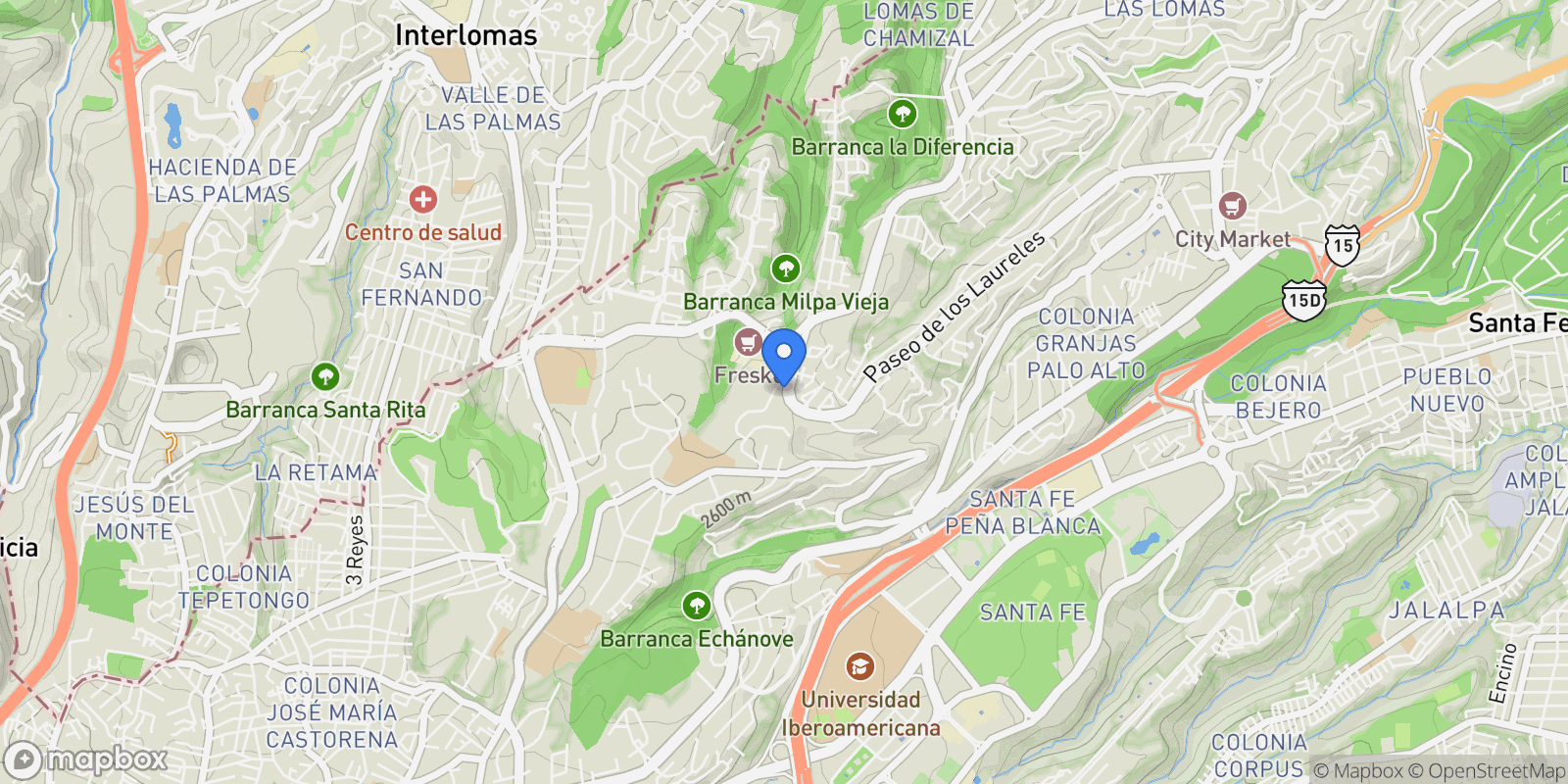 Map showing Paseo de los Laureles 416, Lomas de Vista Hermosa, Cuajimalpa de Morelos, 05100 Ciudad de México, CDMX, Mexico, Mexico City, Mexico.