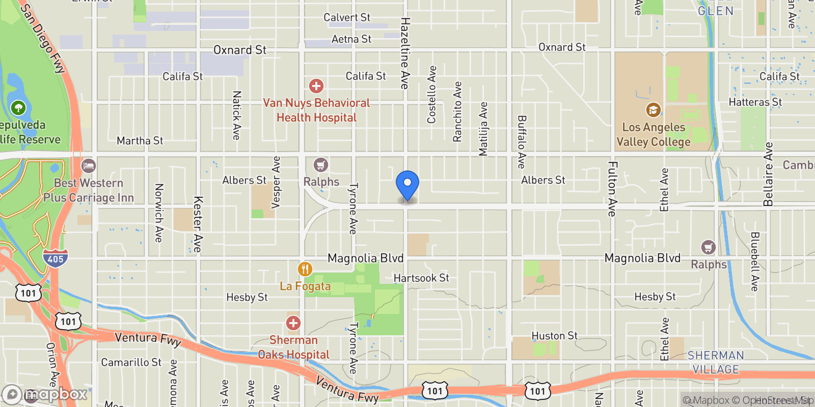 Map showing 5406 Hazeltine Avenue, Los Angeles, California, United States.