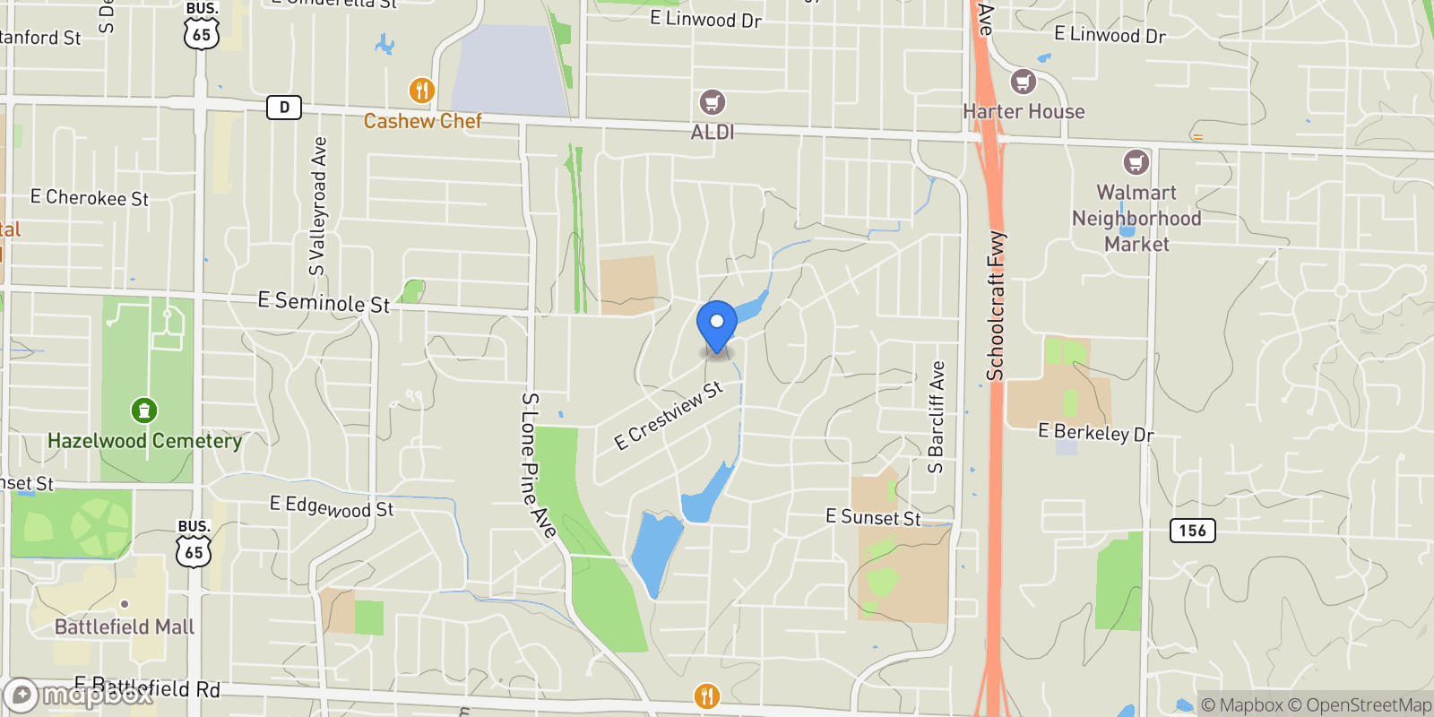 Map showing 2860 E Southern Hills Boulevard, Springfield, MO 65804, Rogersville, Missouri, United States.