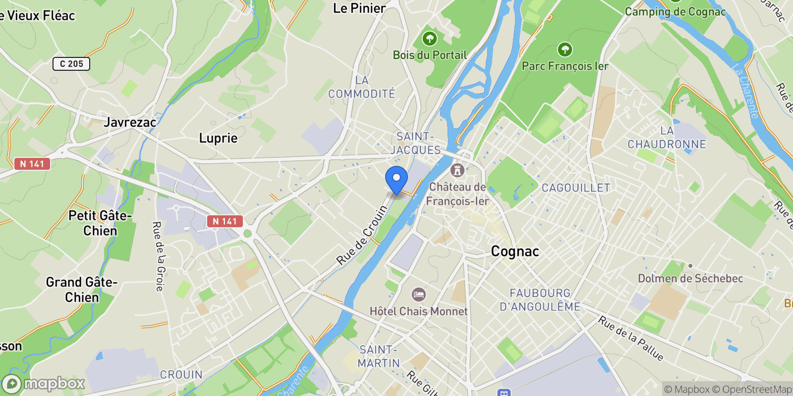 Map showing Cognac, Nouvelle-Aquitaine, France.