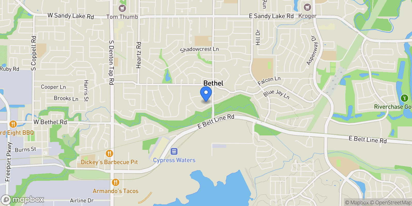 Map showing 524 Carter Drive, Coppell, TX 75019, Coppell, Texas, United States.