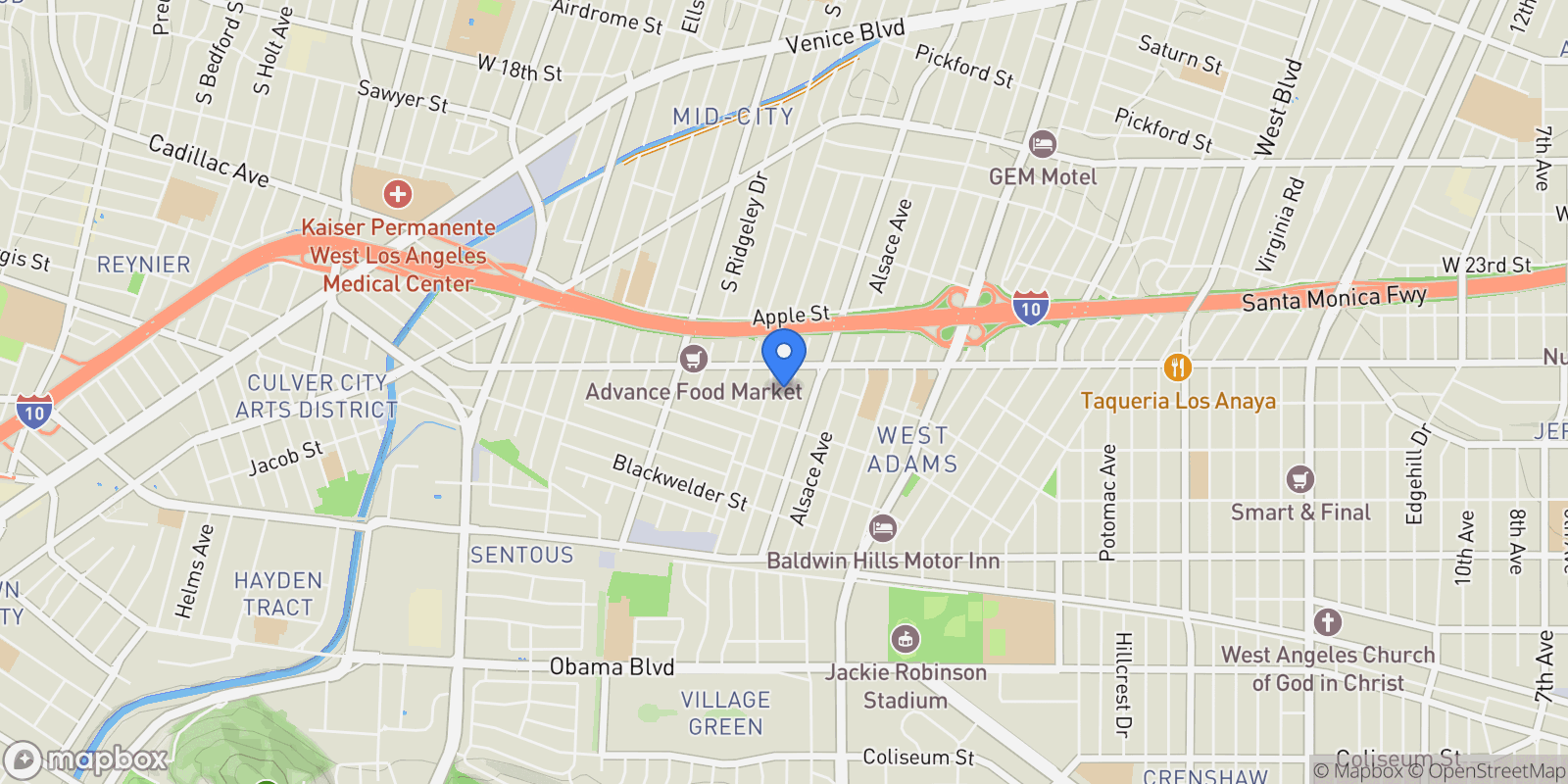 Map showing 2635 S Cloverdale Avenue, Los Angeles, California, United States.