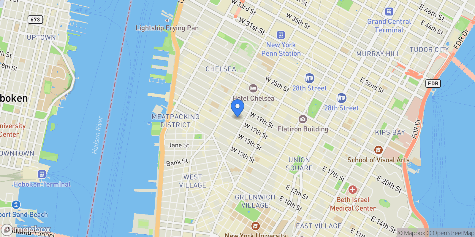 Map showing Dorian Chelsea, 225 W 17TH ST, New York, New York, United States.