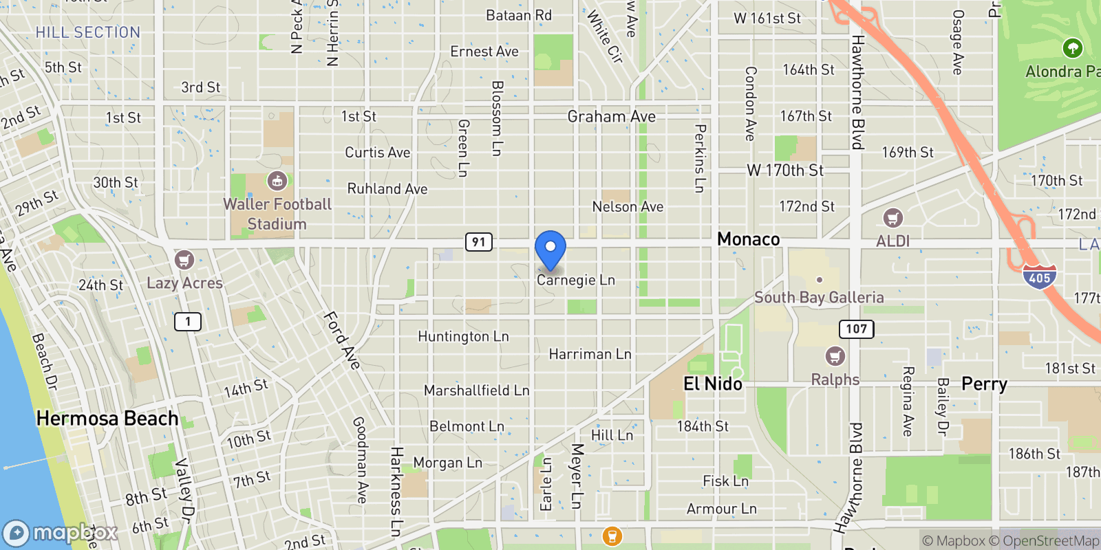 Map showing 2213 Carnegie Lane A, Torrance, California, United States.