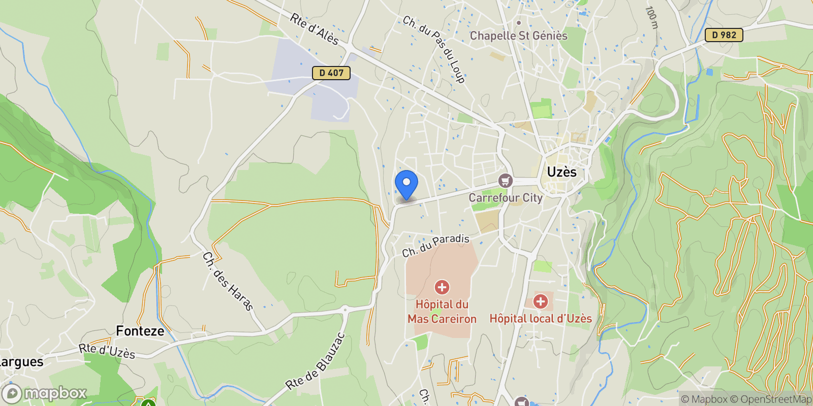 Map showing Uzès, Occitanie, France.