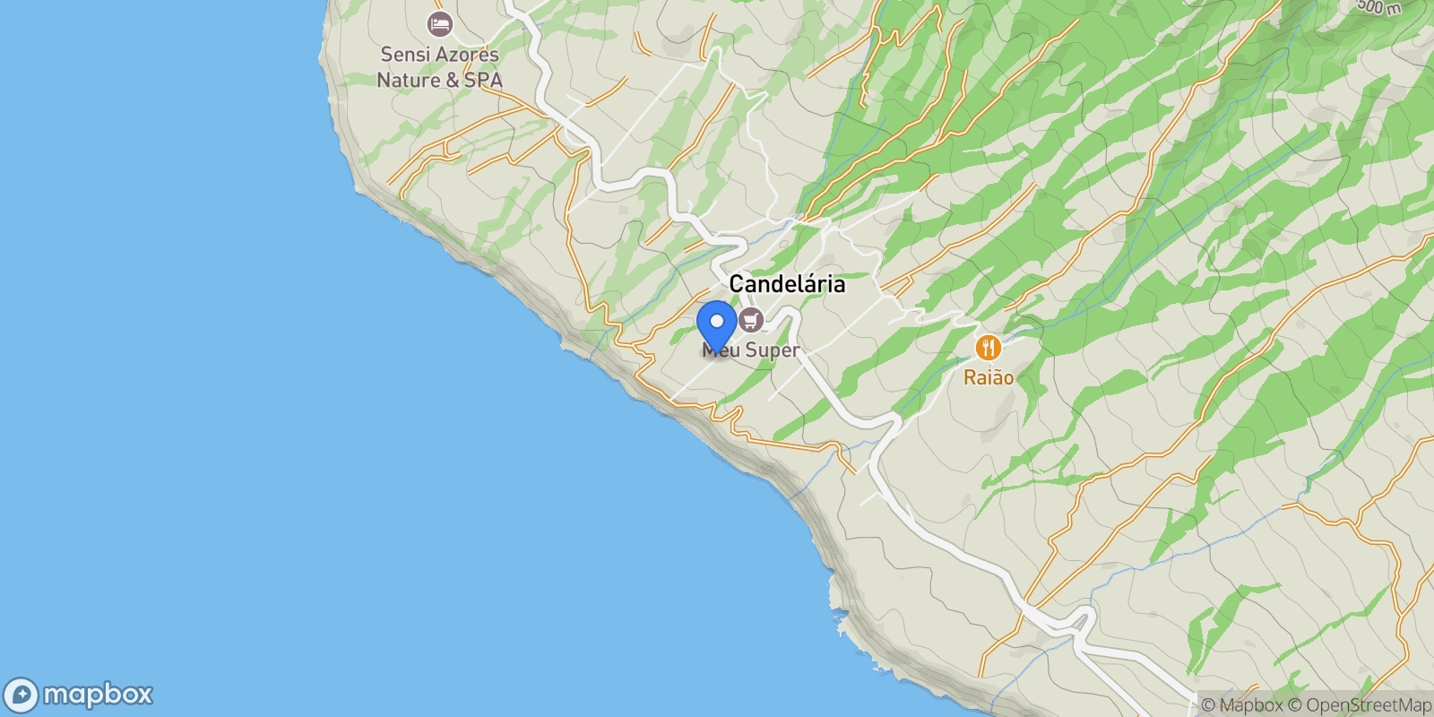 Map showing R. dos Cabrais 50, 9555 Candelária, Portugal, Candelaria, Azores, Portugal.