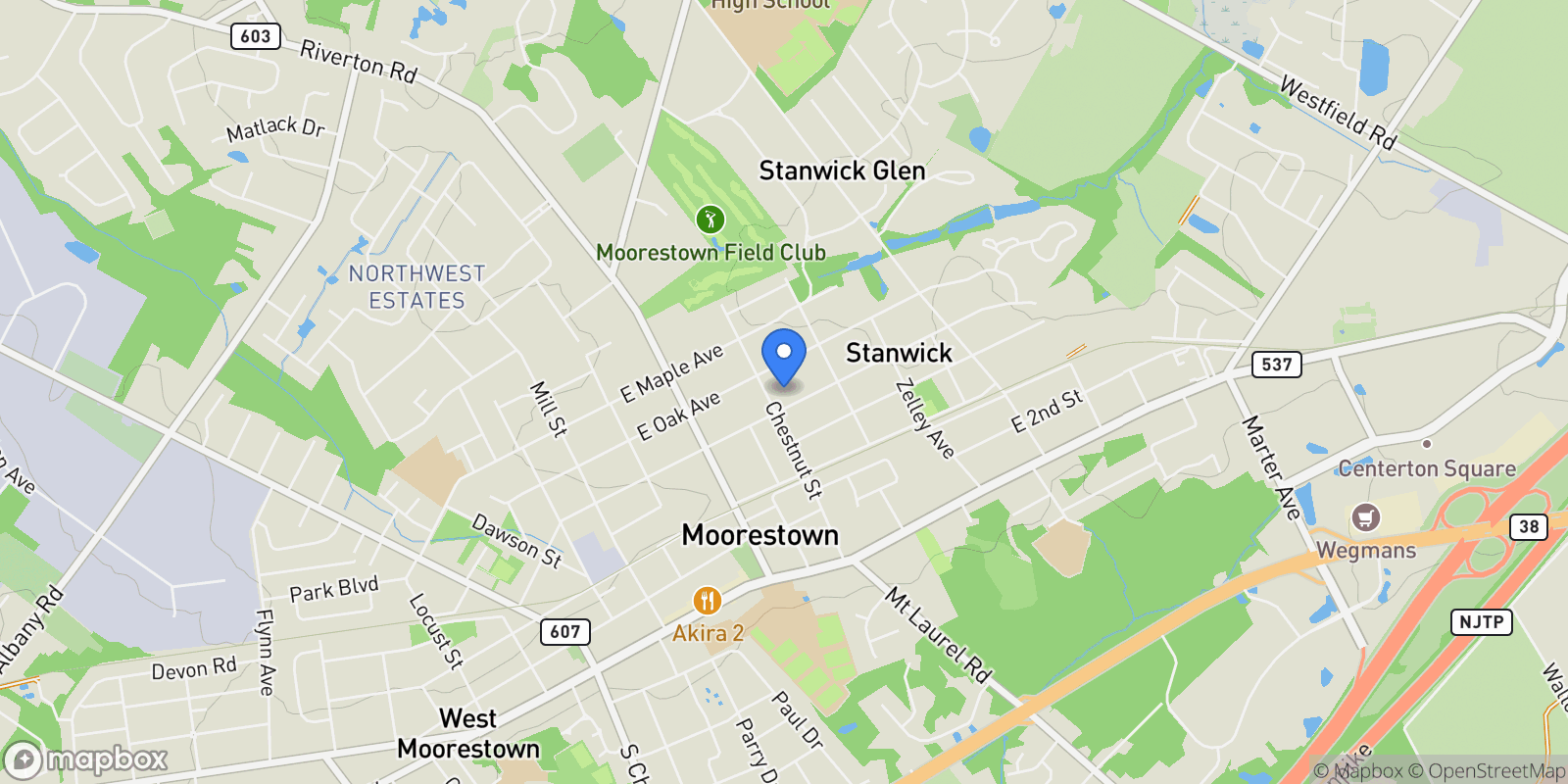Map showing 205 E CENTRAL AVE AVENUE, MOORESTOWN, NJ 08057, Moorestown, New Jersey, United States.