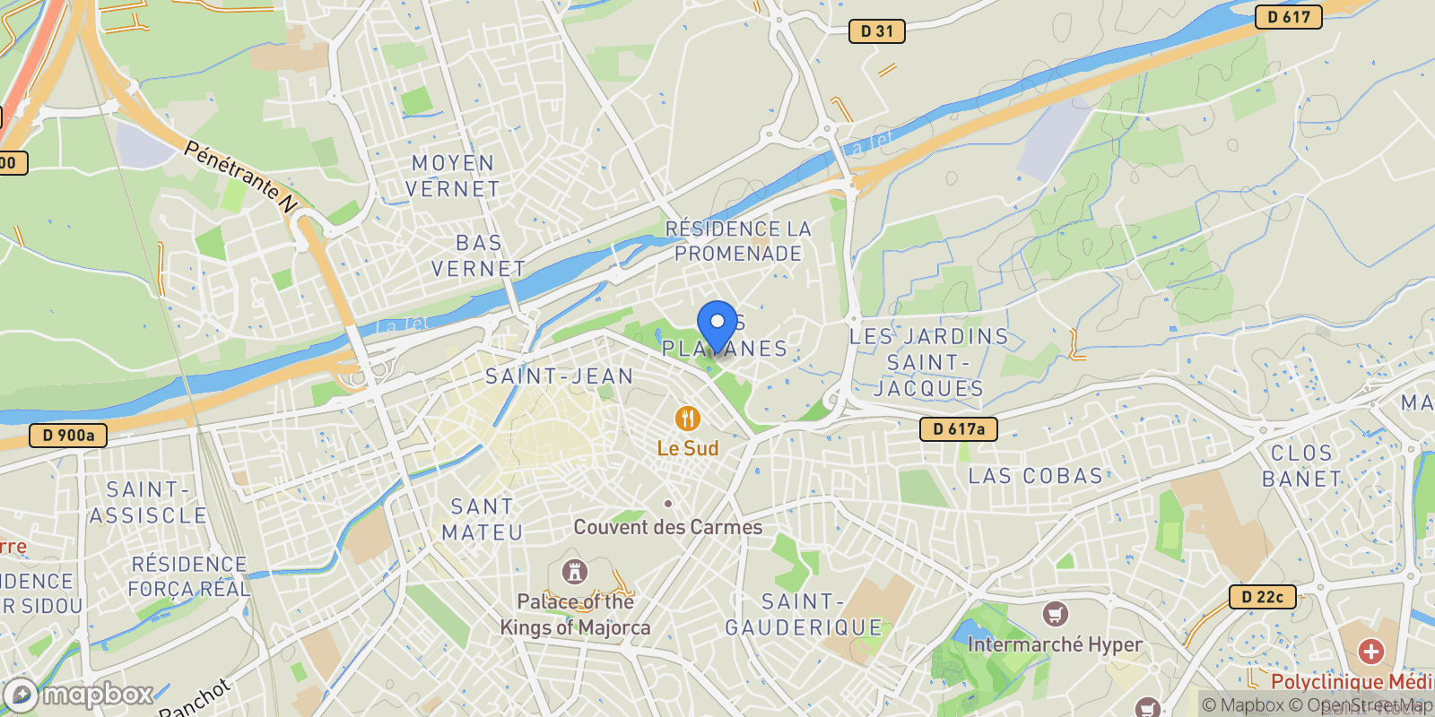 Map showing Perpignan, Occitanie, France.