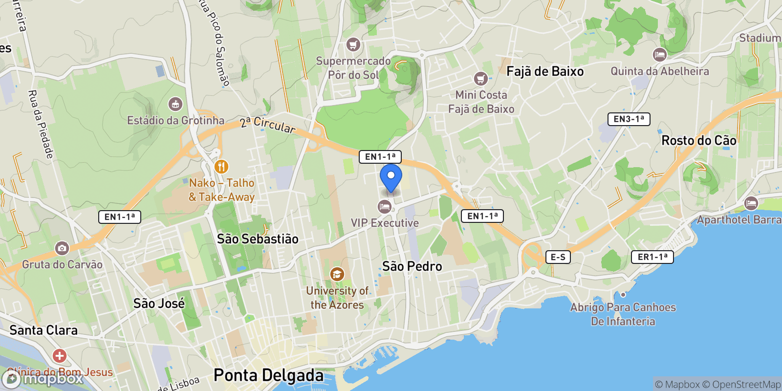 Map showing Av. Natália Correia 2, 9500 Ponta Delgada, Portugal, Ponta Delgada (Sao Pedro), Azores, Portugal.