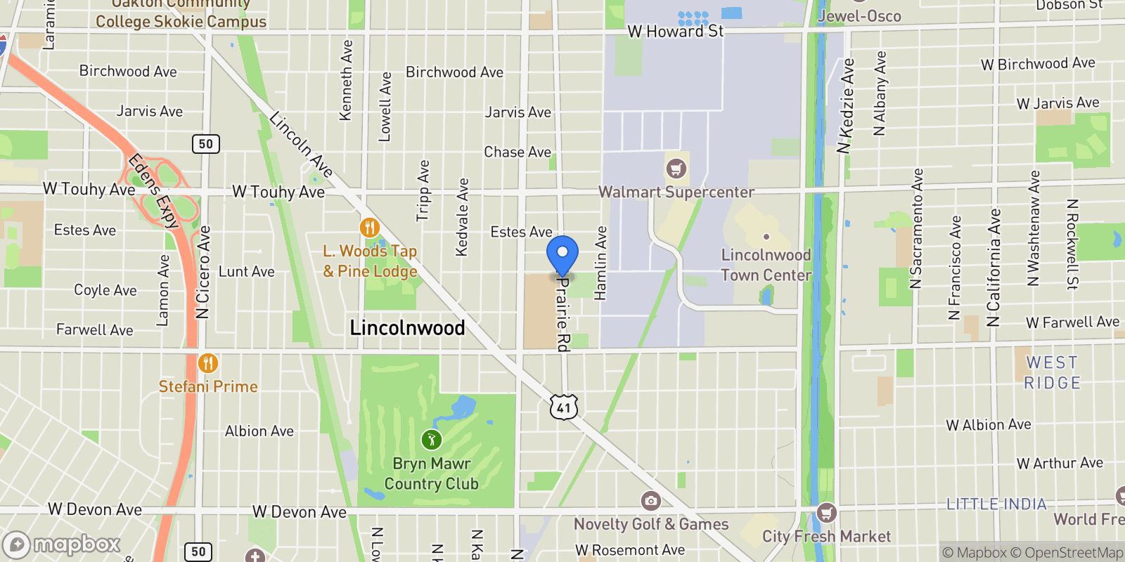 Map showing 6732 N. East Prairie Road, Lincolnwood, IL, 60712, USA, Lincolnwood, Illinois, United States.