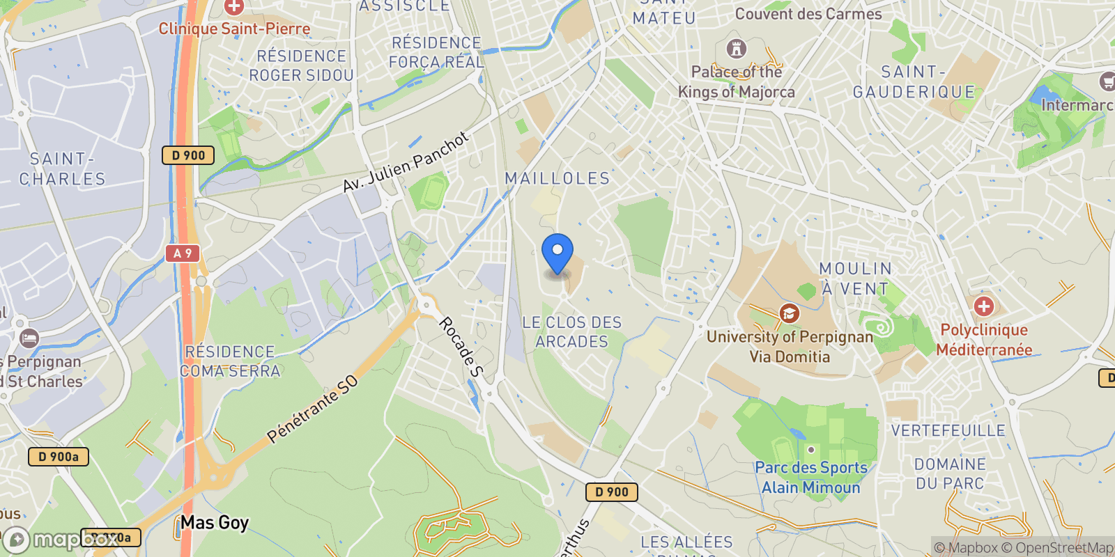 Map showing Perpignan, Occitanie, France.