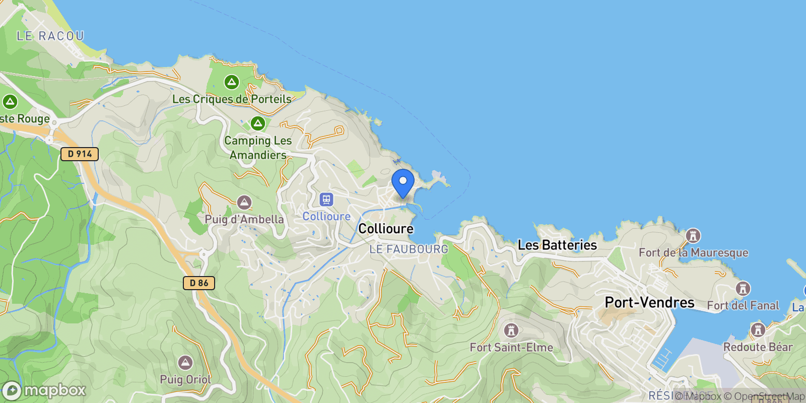 Map showing Collioure, Occitanie, France.
