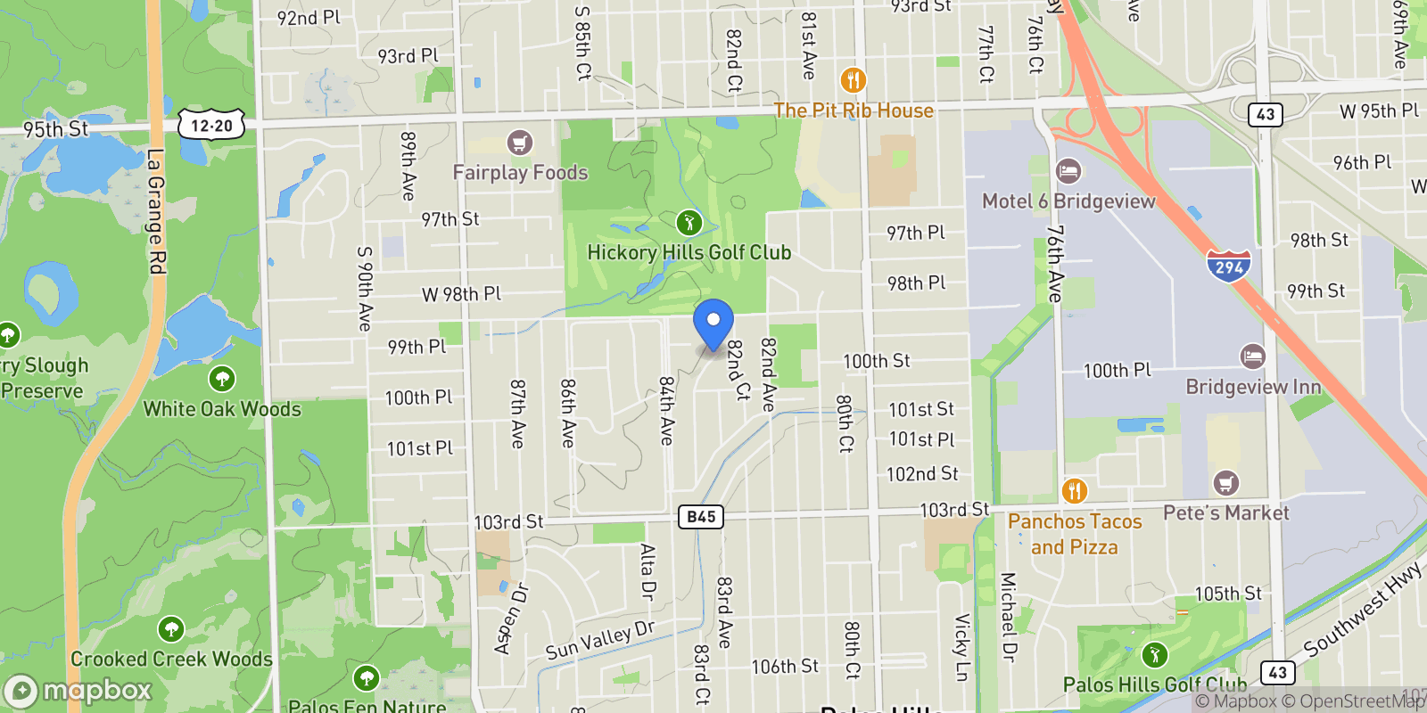 Map showing 9940 S Wood Lane, Palos Hills, IL 60465, Palos Hills, Illinois, United States.