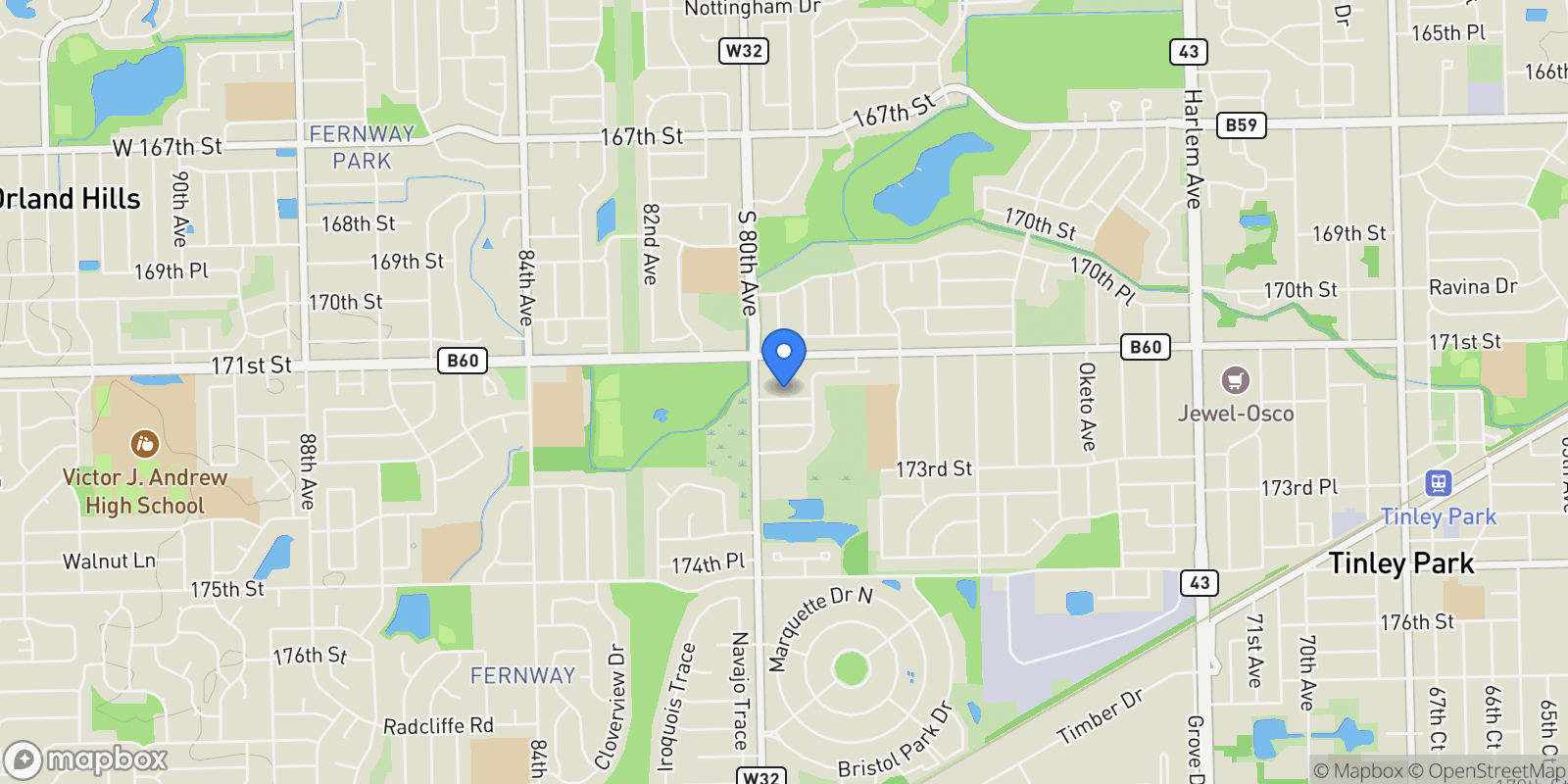Map showing 7942 172nd Street, Tinley Park, IL 60477, Tinley Park, Illinois, United States.