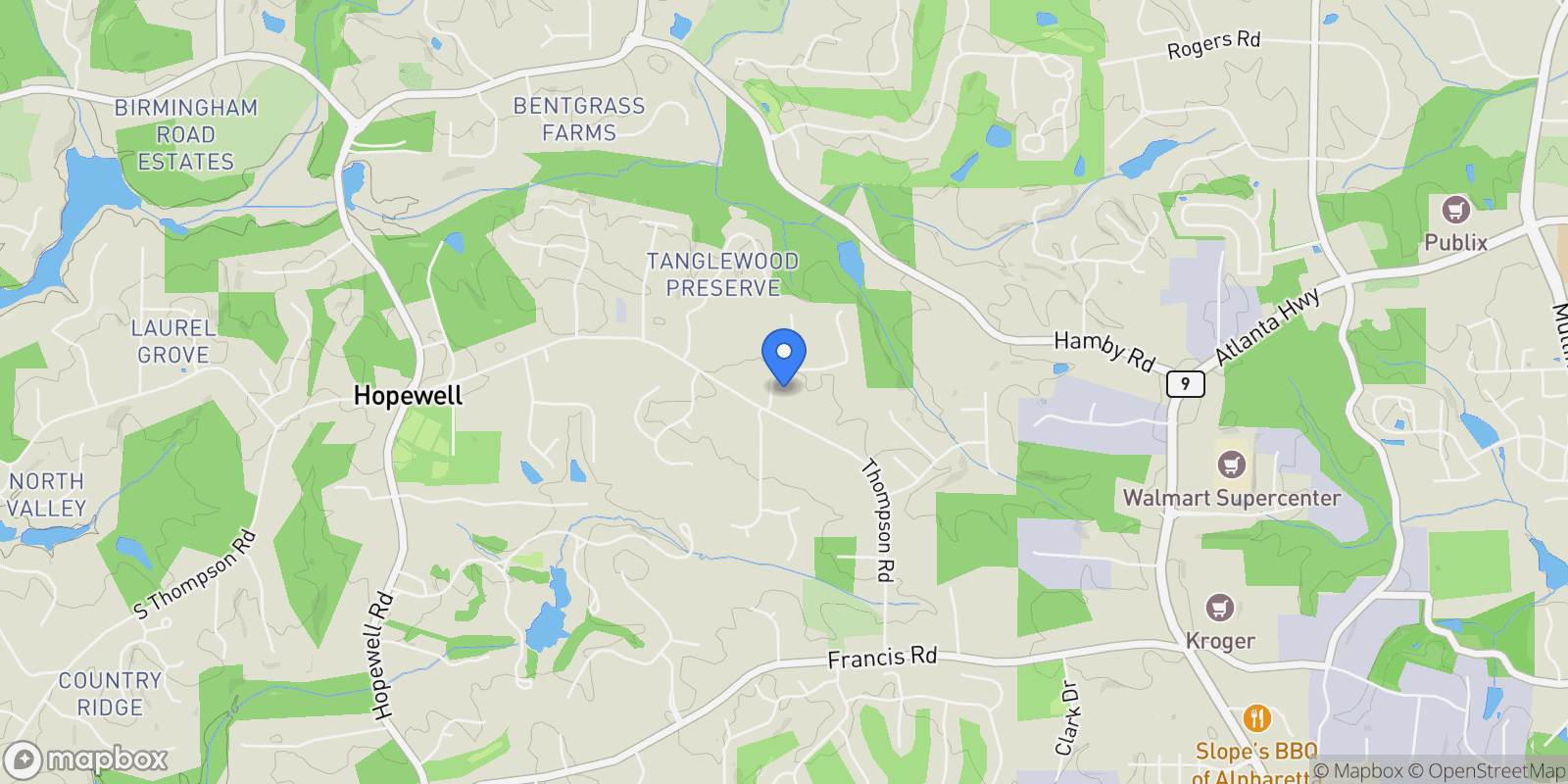 Map showing 15792 Thompson Road, Milton, Georgia, United States.