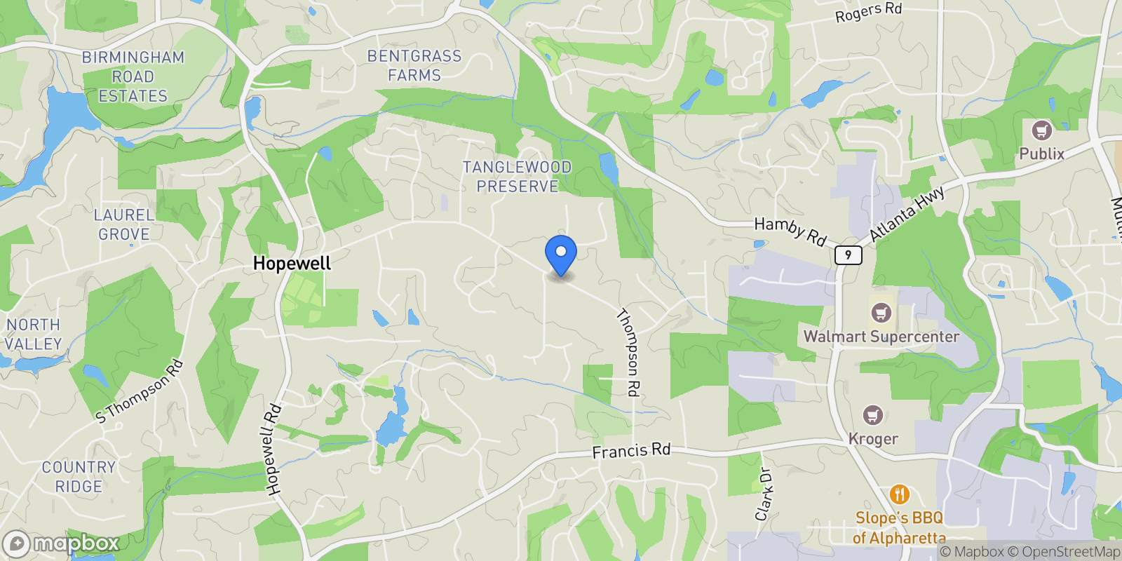 Map showing 15794 Thompson Road, Milton, Georgia, United States.