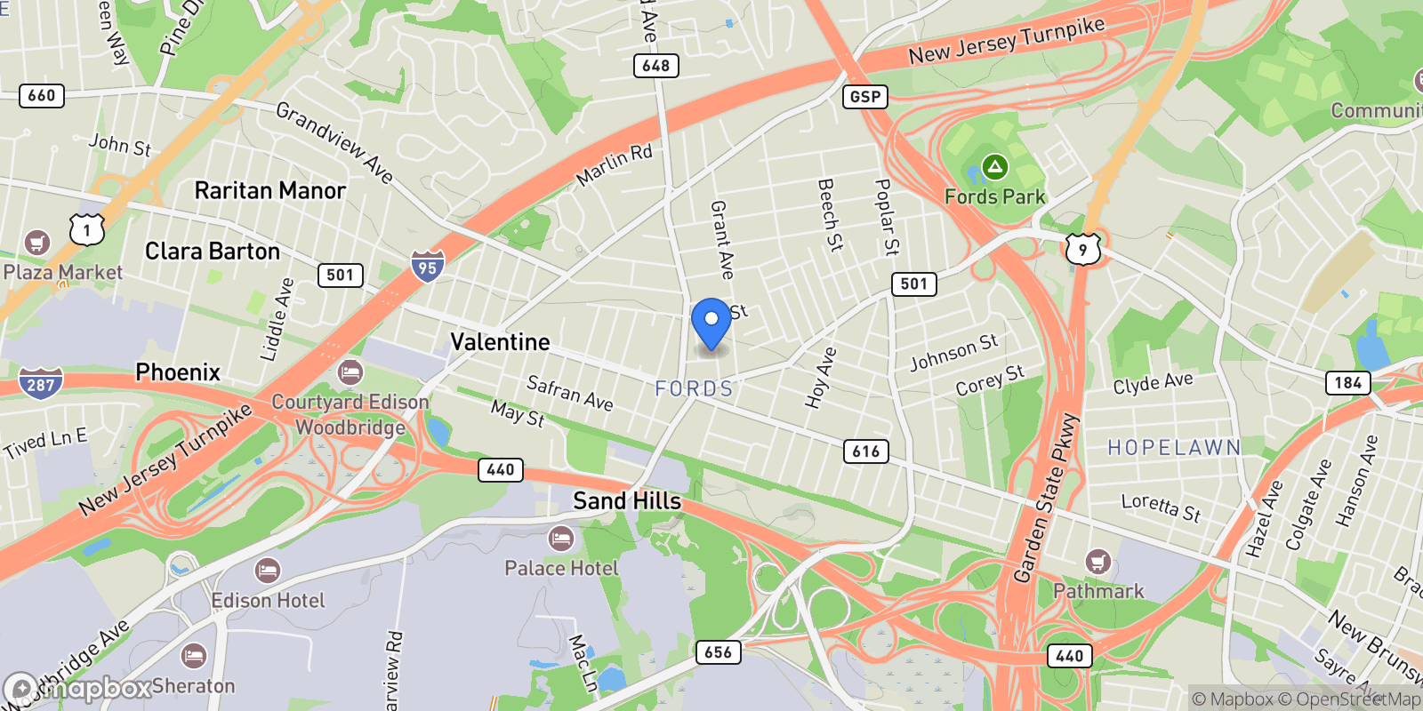 Map showing 27 S. 2nd Street, Fords, NJ 08863, Woodbridge Township, New Jersey, United States.