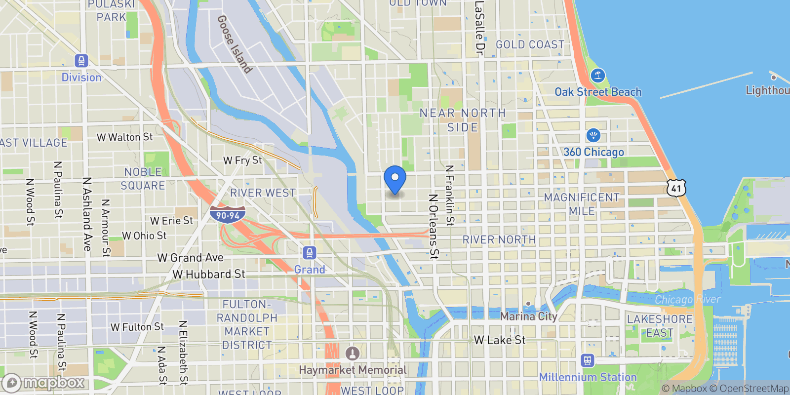 Map showing 446 W. Huron Street, Chicago, IL, 60654, USA, Chicago, Illinois, United States.