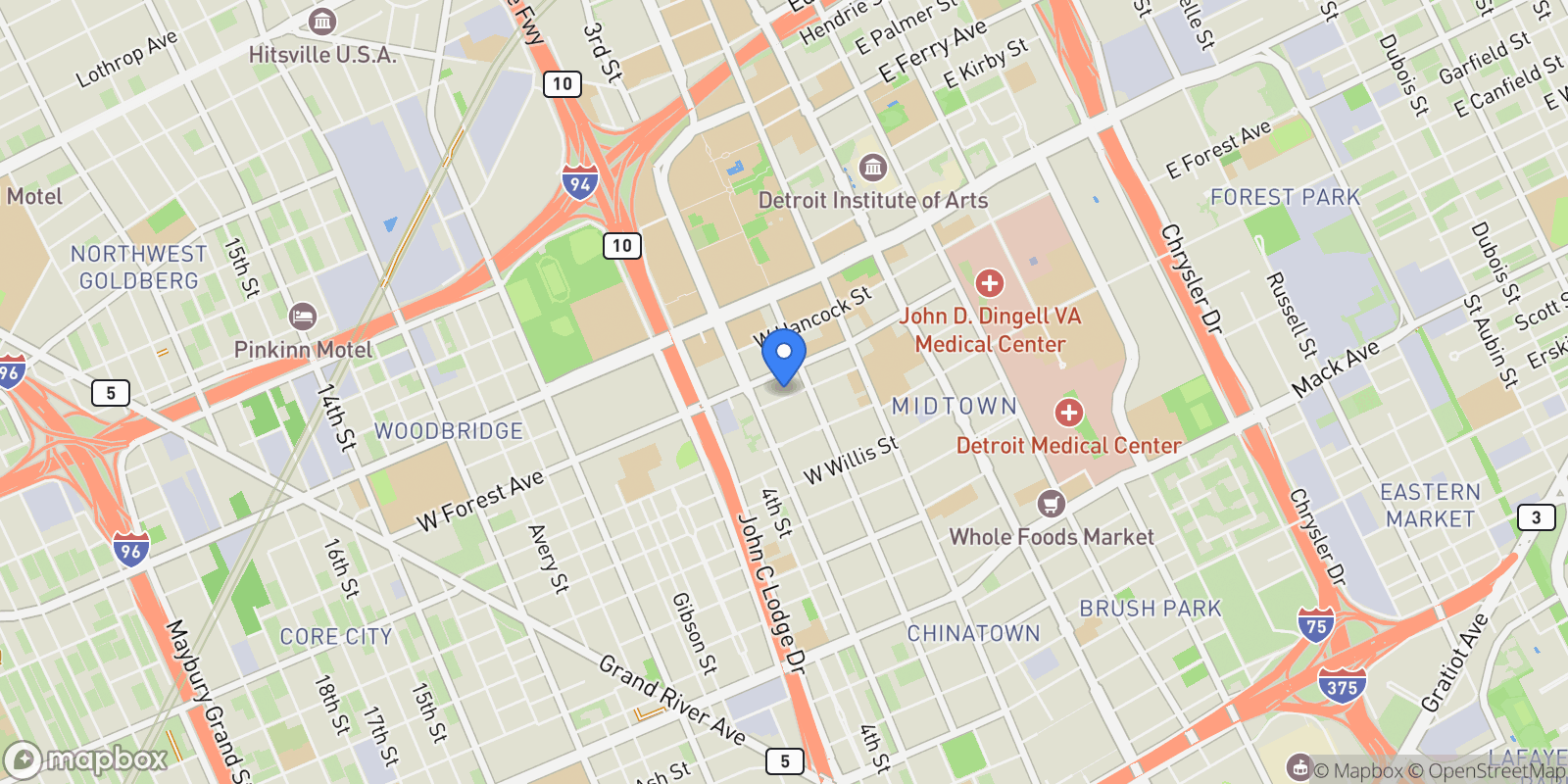 Map showing 648 Prentis Street, Detroit, MI 48201, Detroit, Michigan, United States.
