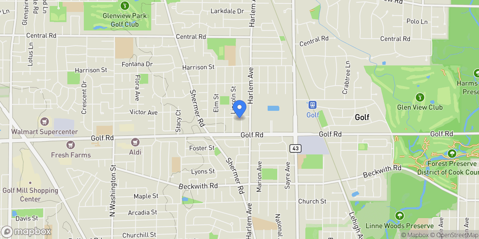 Map showing 38 Washington Street, Glenview, IL, 60025, USA, Glenview, Illinois, United States.