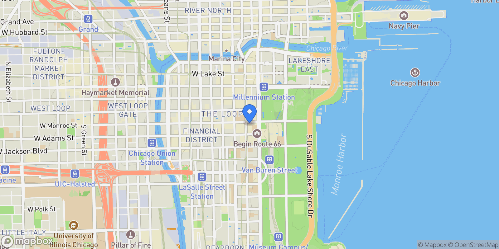 Map showing 65 E Monroe, Chicago, IL, USA, Chicago, Illinois, United States.