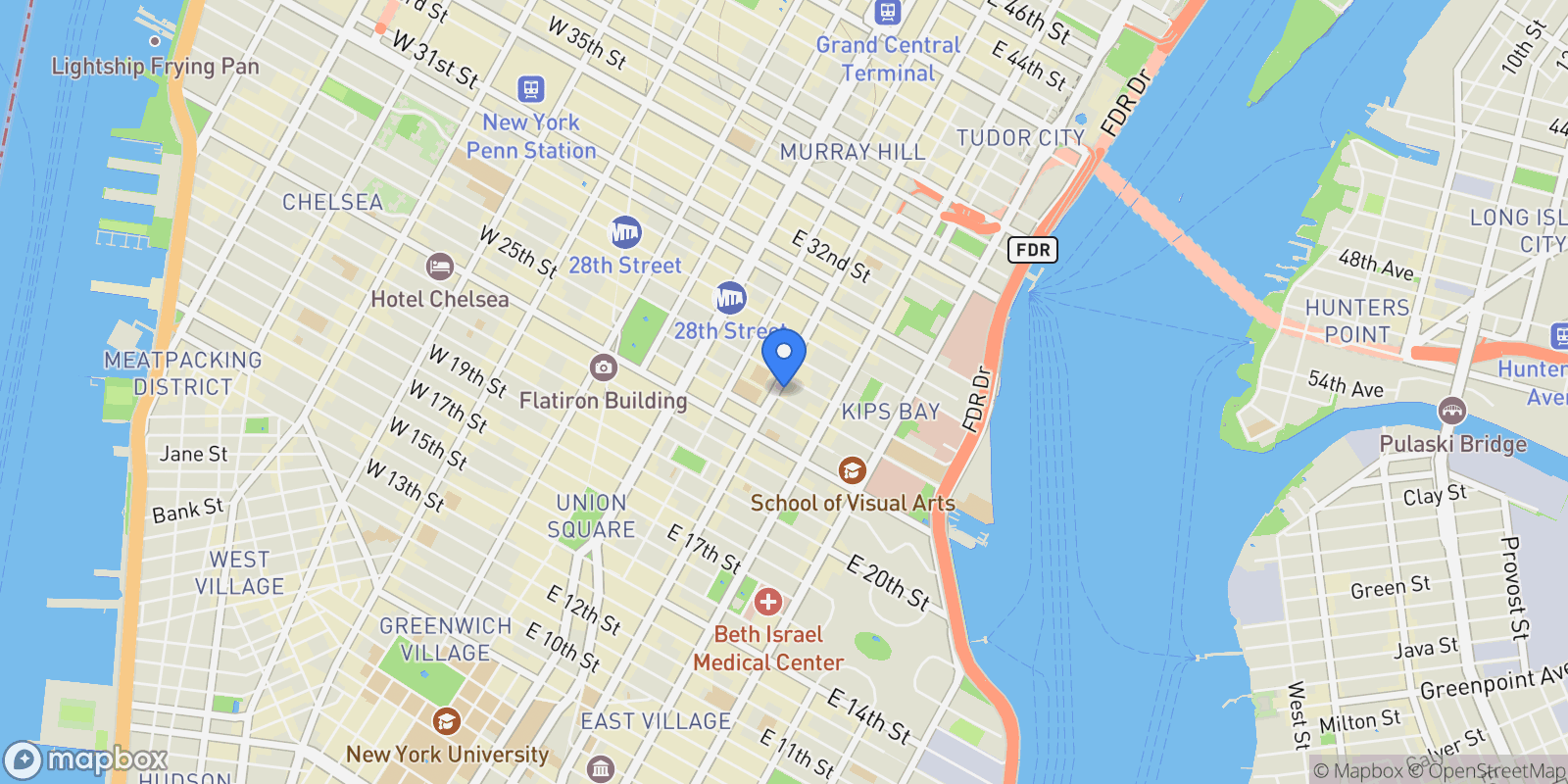 Map showing The Peter James Building, 201 E 25TH ST, New York, New York, United States.