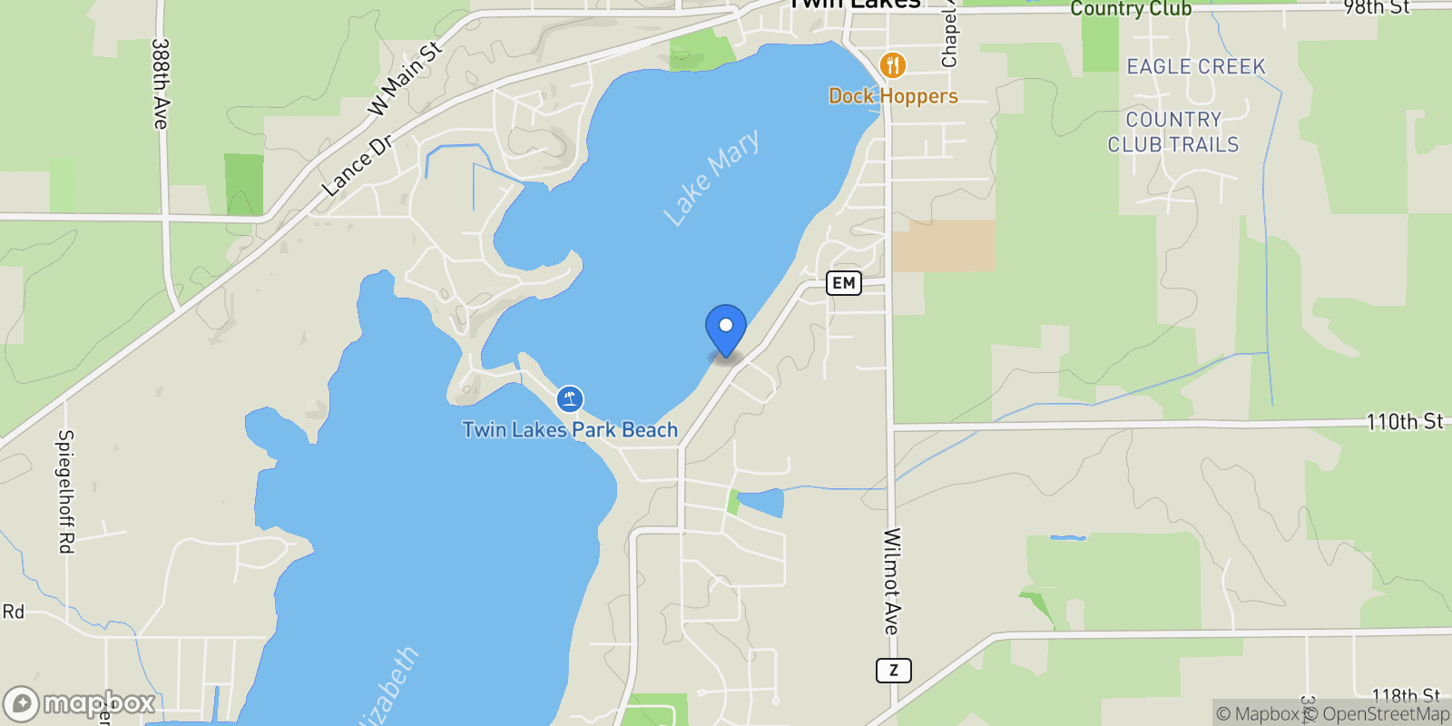 Map showing 1615 E. Lake Shore Dr, Twin Lakes, WI, 53181, USA, Twin Lakes, Wisconsin, United States.
