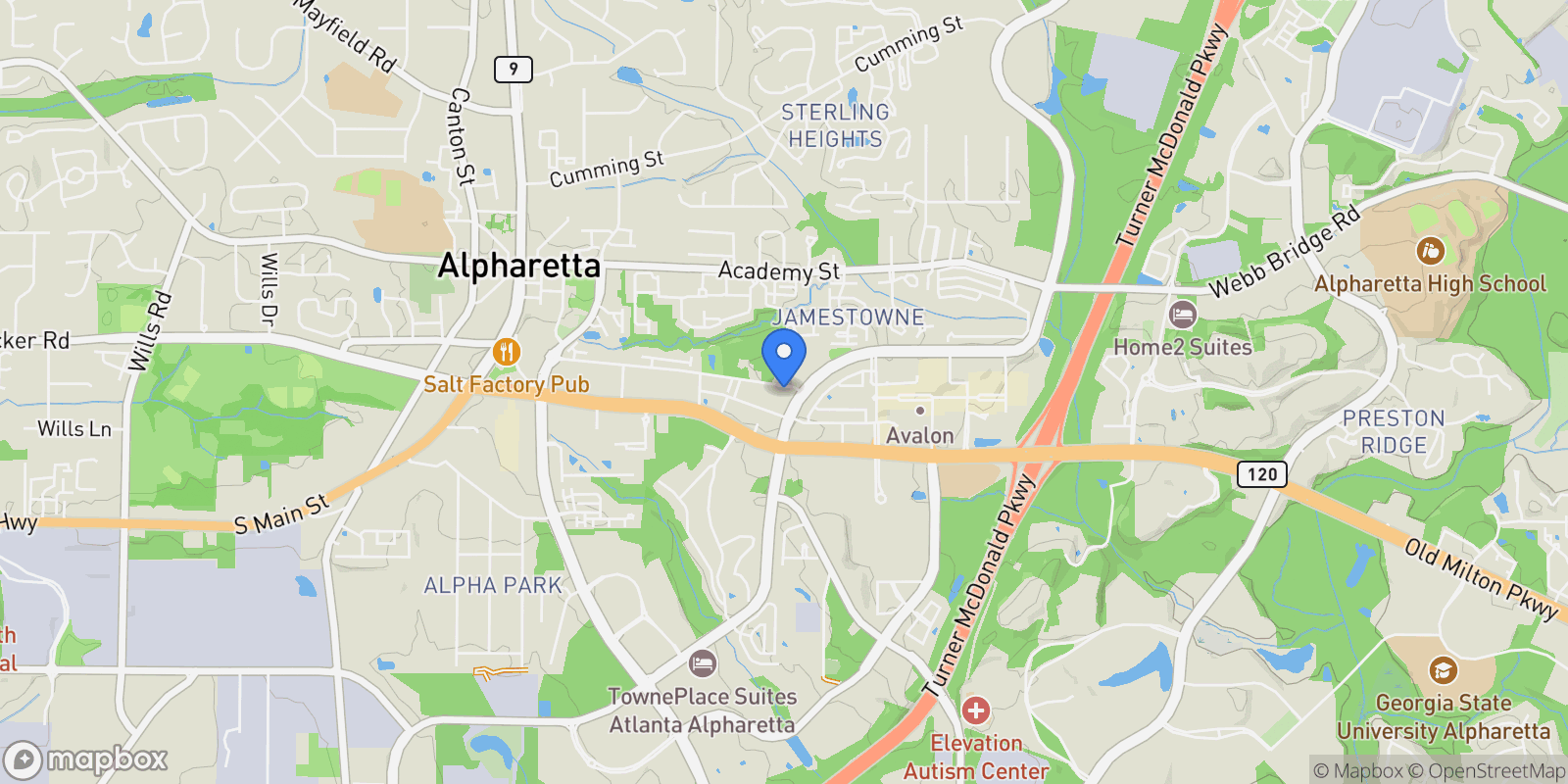Map showing 293 Thompson Street, Alpharetta, Georgia, United States.