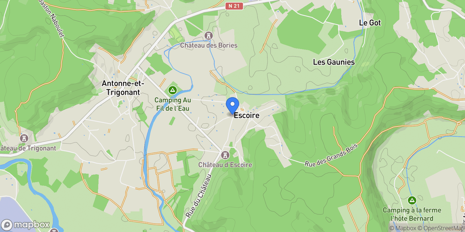 Map showing Escoire, Nouvelle-Aquitaine, France.