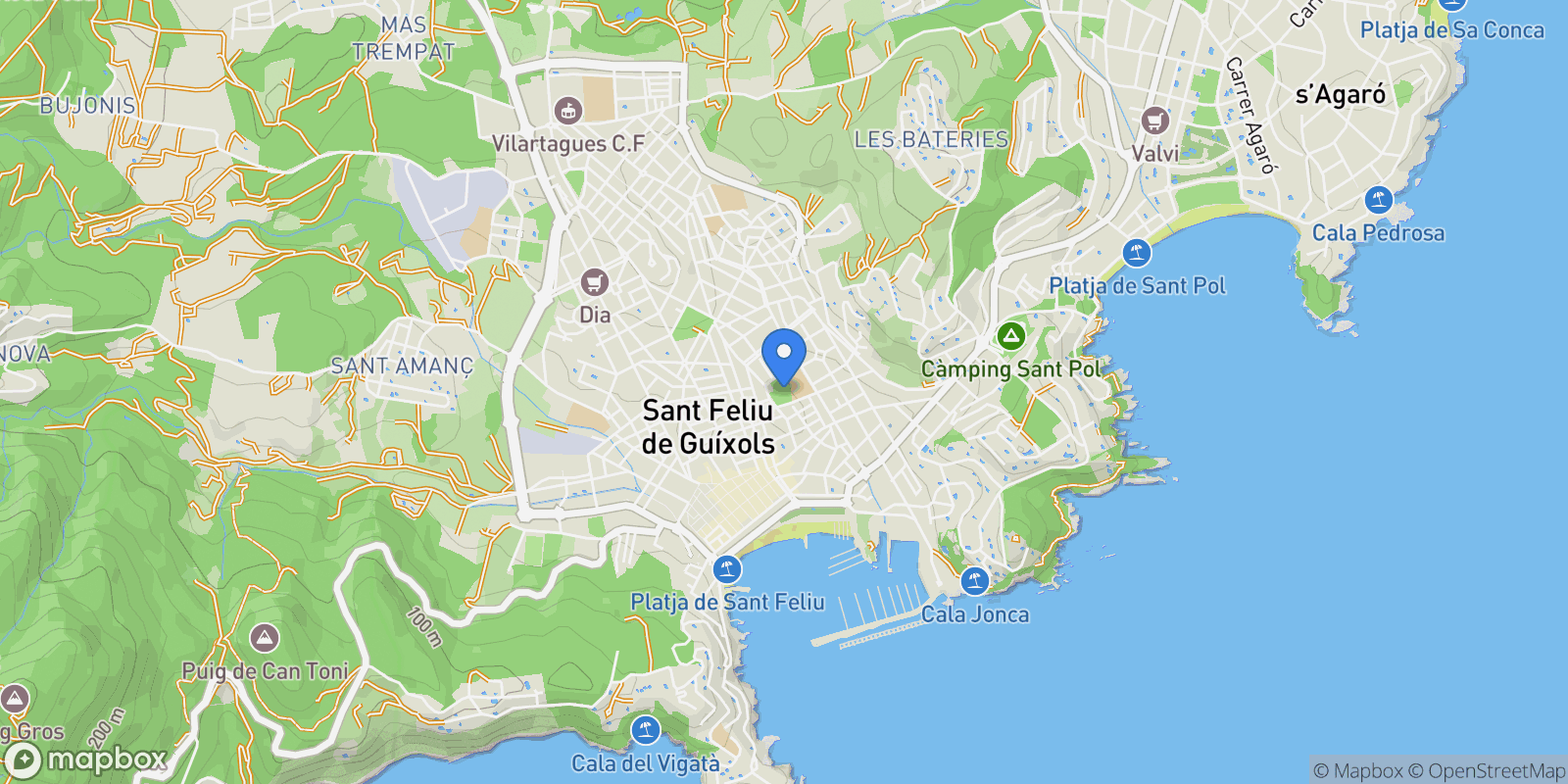 Map showing Girona, Sant Feliu de Guixols, Catalonia, Spain.